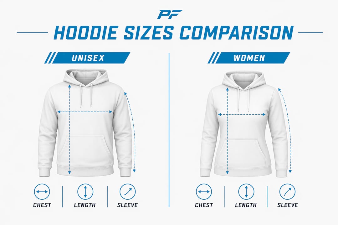 Infographic comparing unisex and women hoodie sizes