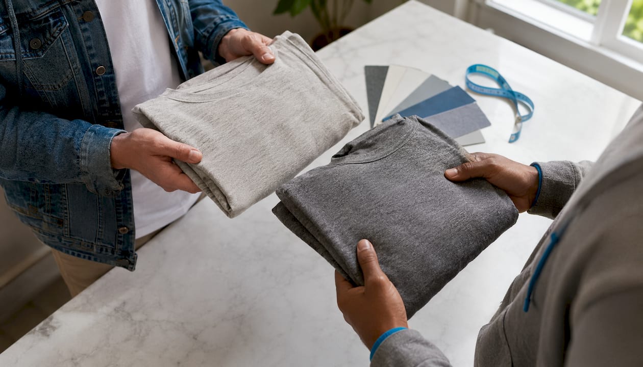 Hands holding tri-blend and cotton t-shirts showing softness
