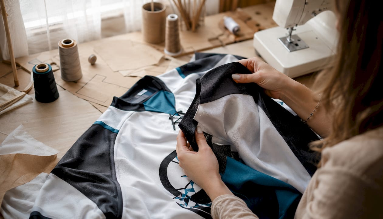 Close-up of hands checking hockey apparel fabric quality