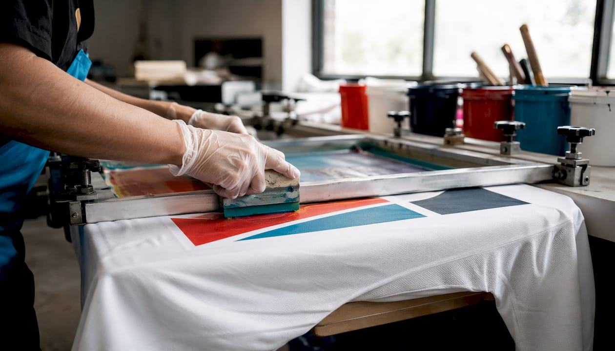 Hands applying screen print on hockey t-shirt
