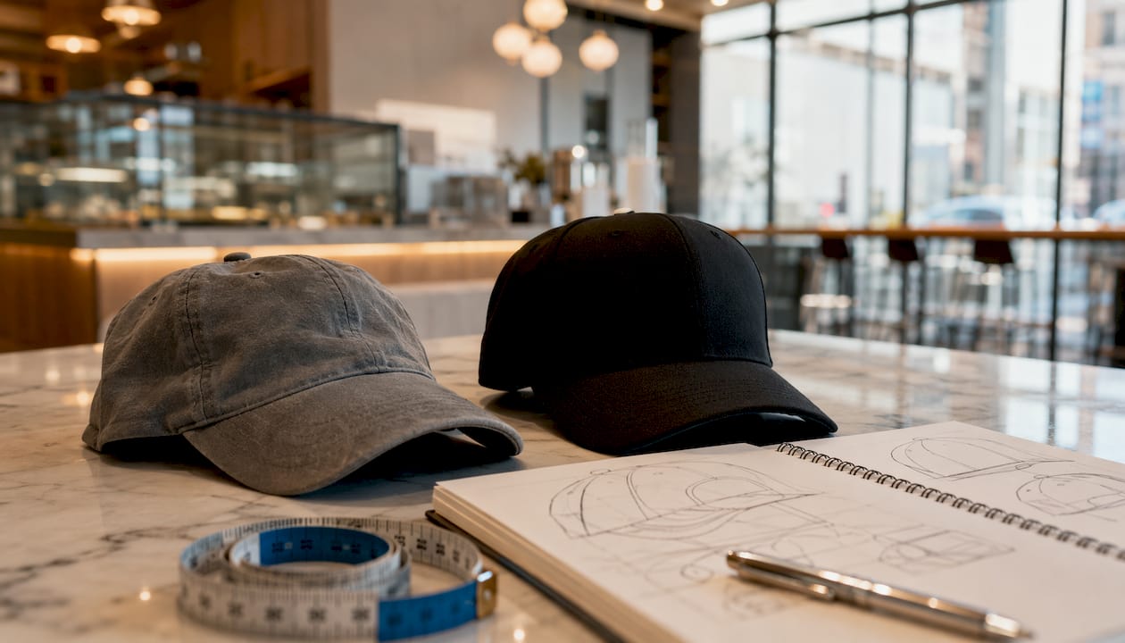Close-up of dad hat and structured baseball cap on table