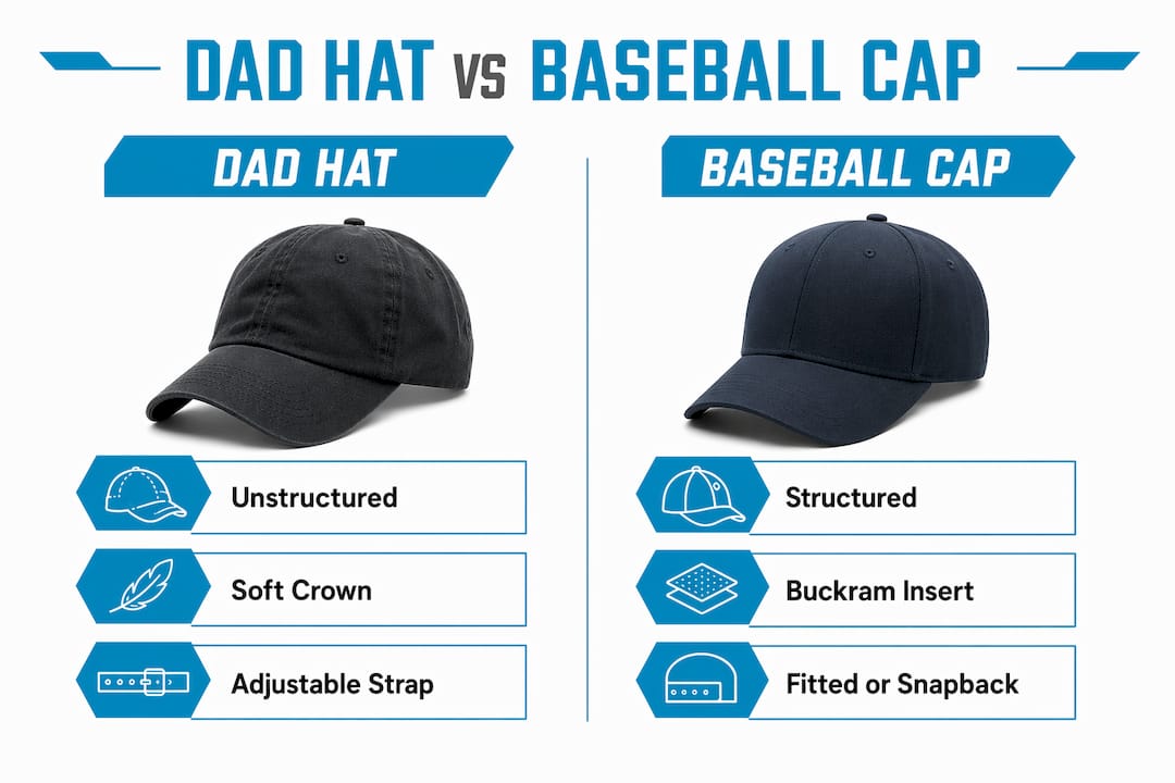Infographic comparing dad hat and baseball cap features