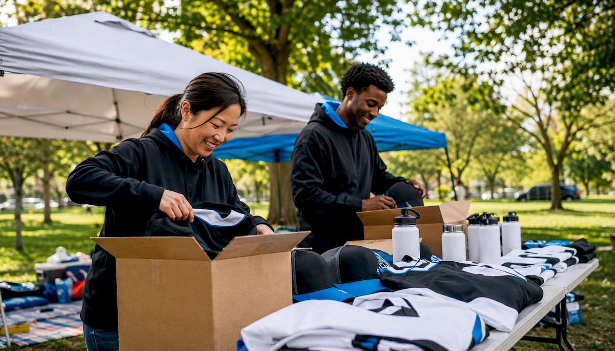 Volunteers setting up hockey merch display