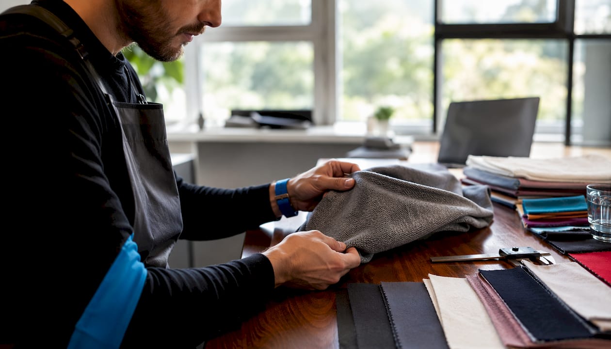 Textile professional inspecting French terry knit loops