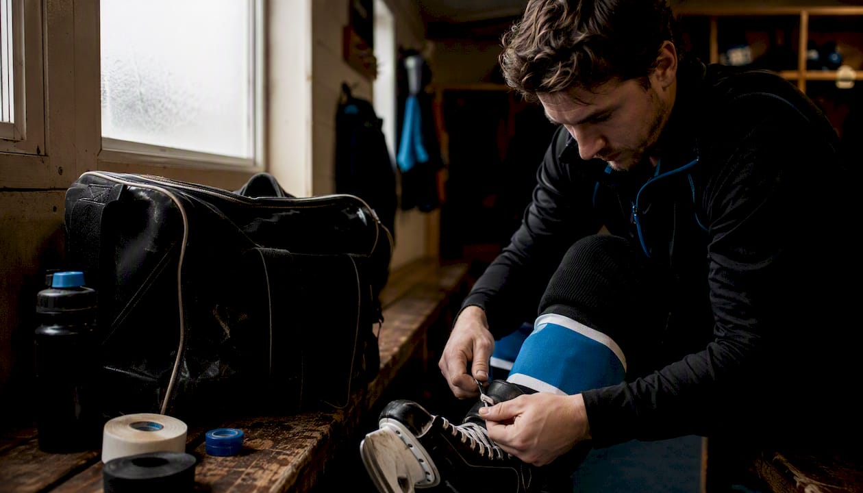 Hands using skate tool next to hockey bag