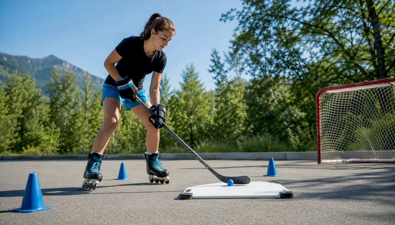 Female hockey player practicing stickhandling indoors
