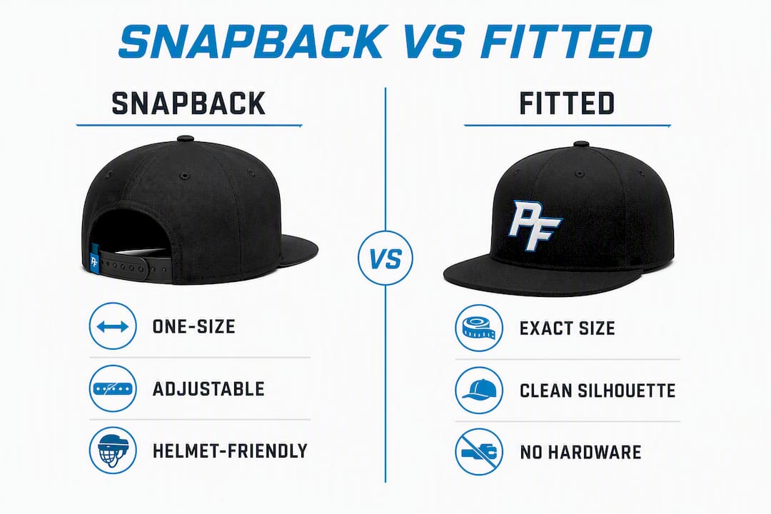 Infographic comparing snapback and fitted hockey hats