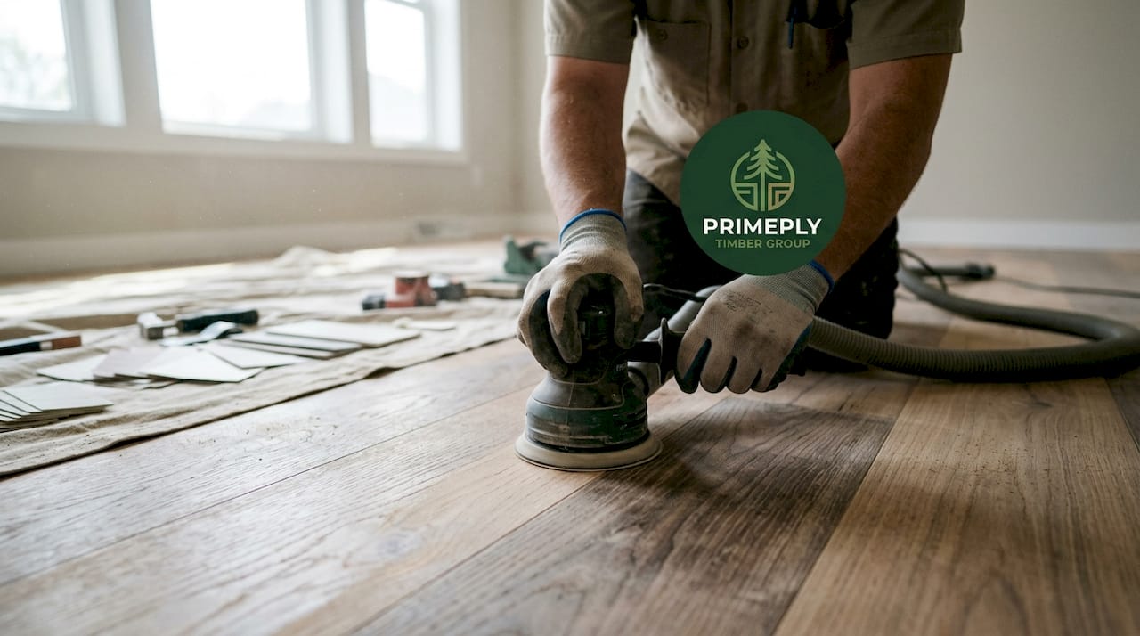 Hands sanding engineered floor wear layer close-up