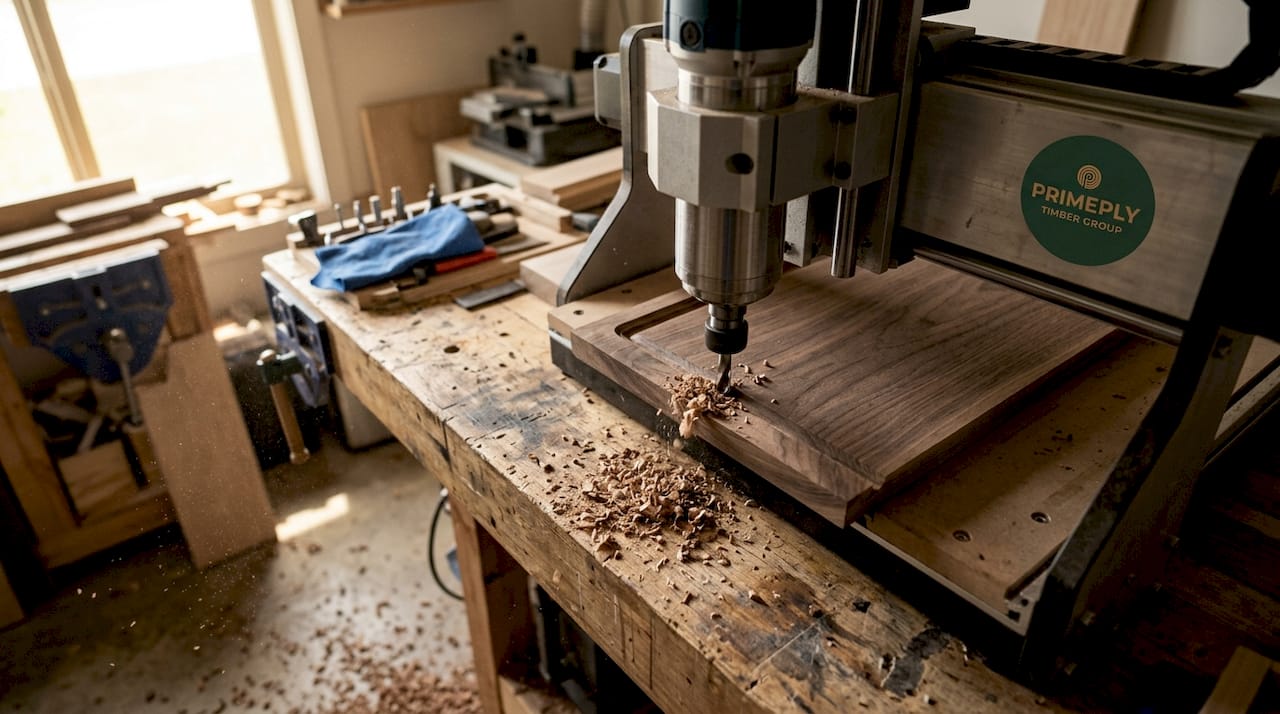 Close-up CNC router cutting oak wood