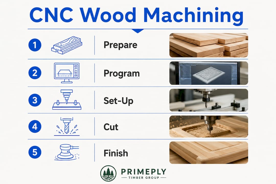 Infographic showing CNC wood machining process steps