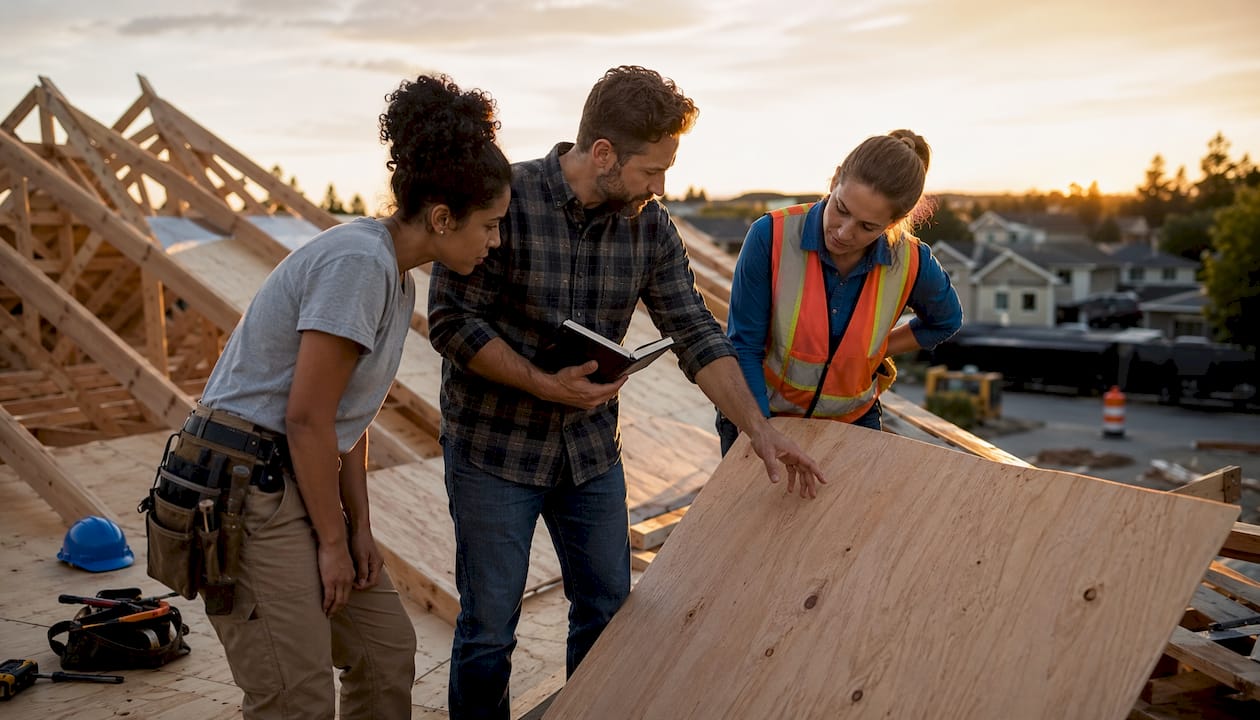 Team inspecting roof plywood installation