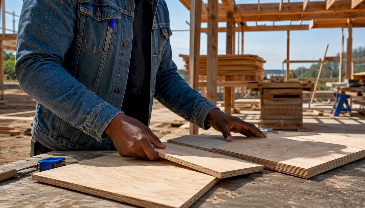 Hands comparing plywood thickness samples