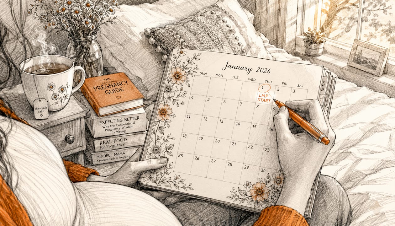 Pregnant woman marking due date in planner