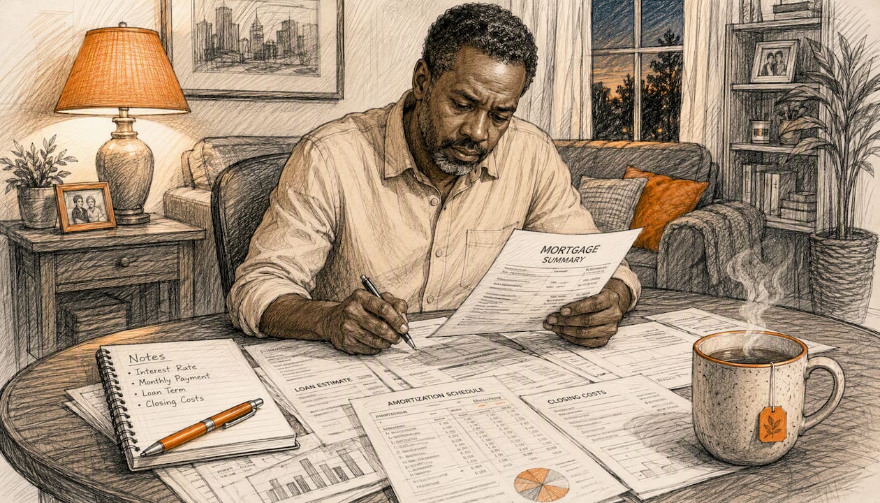 Man reviewing mortgage documents at home