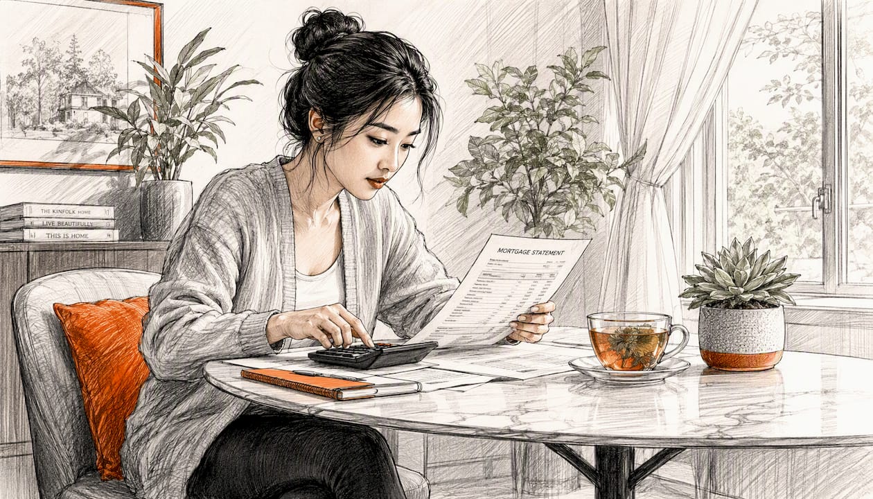 Woman calculating mortgage savings at desk