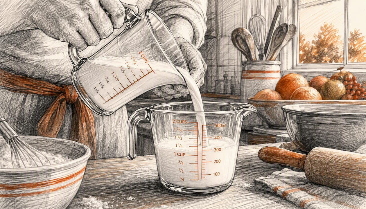 Pouring milk into measuring cup in kitchen