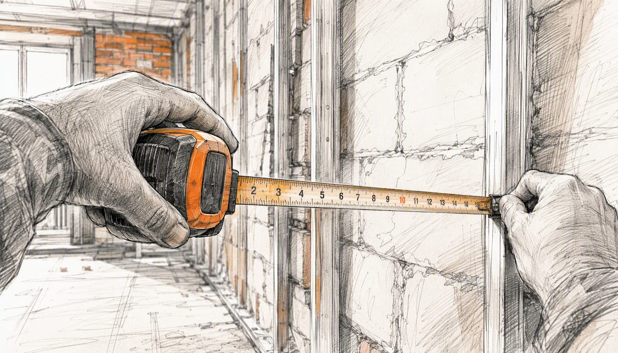 Hands measuring room width with tape measure