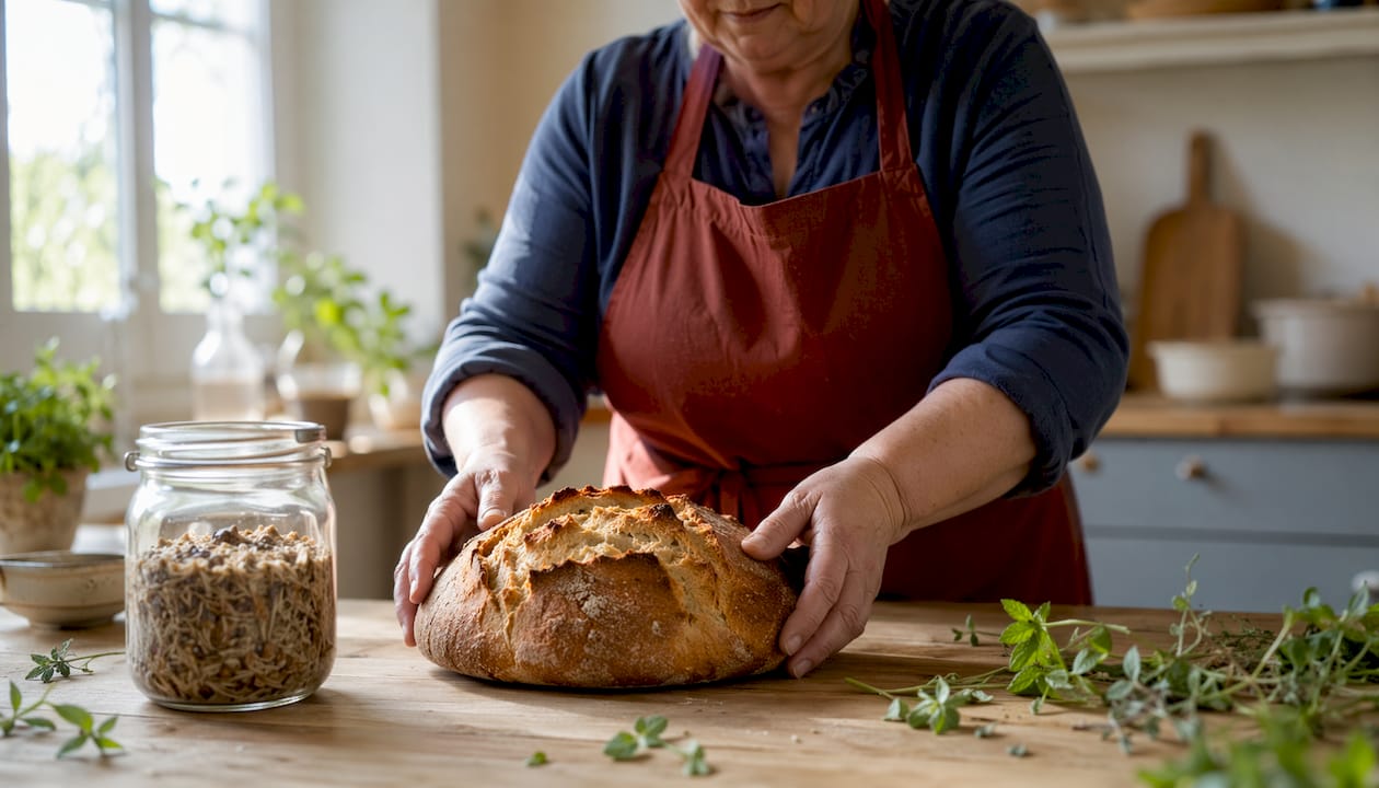 Pain au levain fraîchement sorti du four, mis en valeur sur une planche en bois.