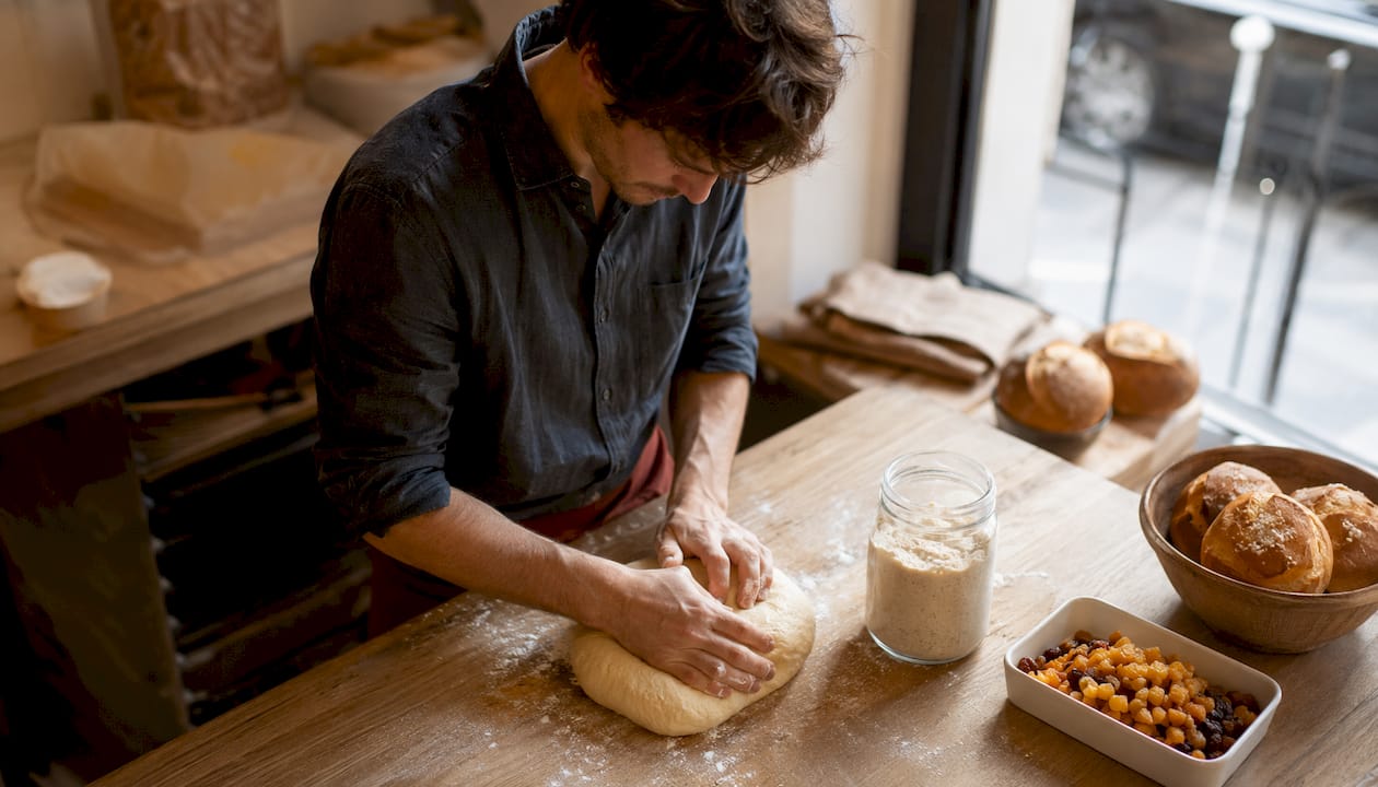 Dans une boulangerie parisienne, un artisan façonne délicatement la pâte à brioche au praliné, prêt à révéler tout son savoir-faire.
