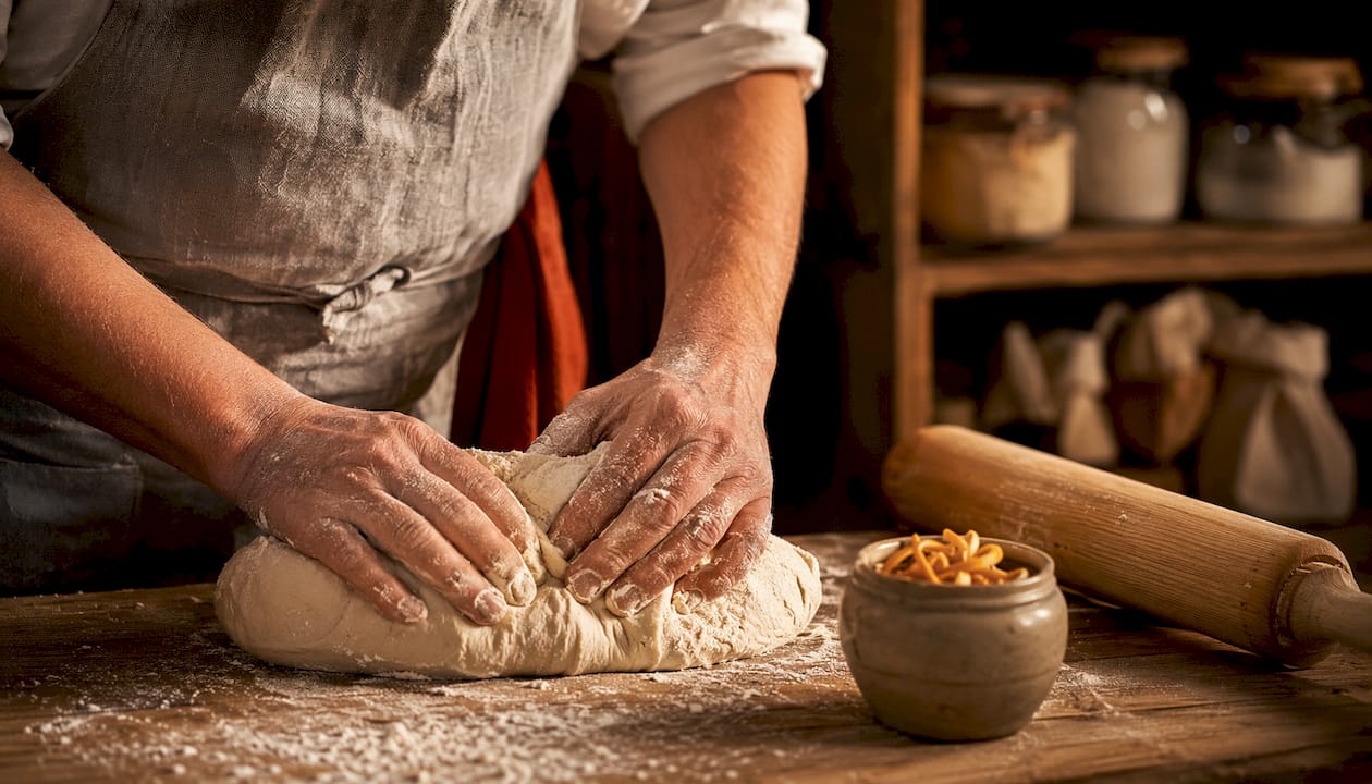 Des mains tiennent un bol en verre rempli de levain naturel.