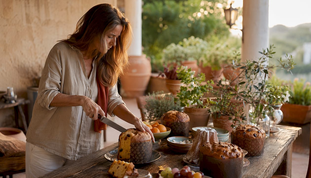 Une femme partage un panettone fait maison dans sa cuisine, savourant ce moment convivial.