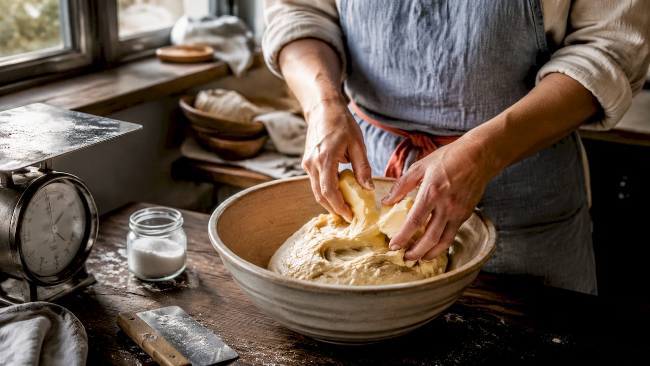 Des mains qui incorporent le beurre dans une pâte à brioche