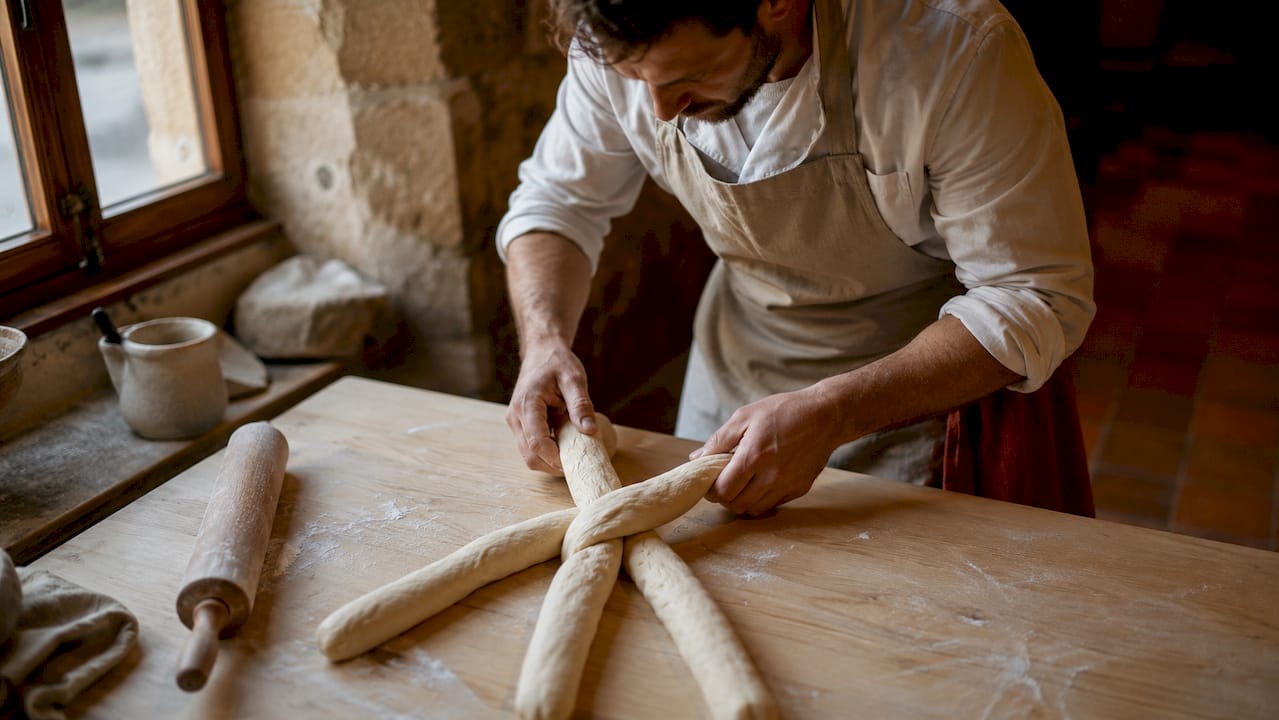Un artisan façonne avec passion une brioche tressée au levain, révélant tout son savoir-faire et l’authenticité des traditions boulangères.