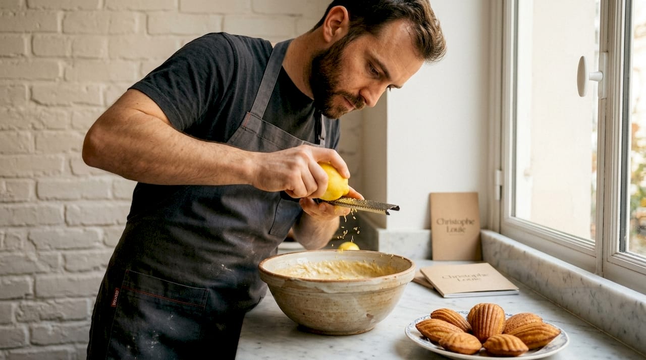 Dans une cuisine contemporaine, un boulanger râpe délicatement le zeste d’un citron au-dessus d’une pâte au levain.