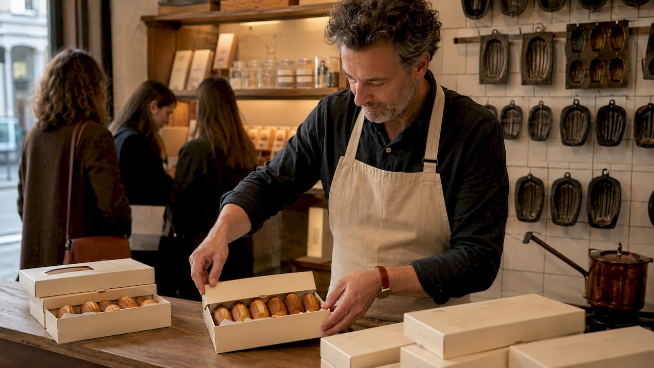 Derrière le comptoir d’une boutique de madeleines artisanales, un homme dispose soigneusement des boîtes.