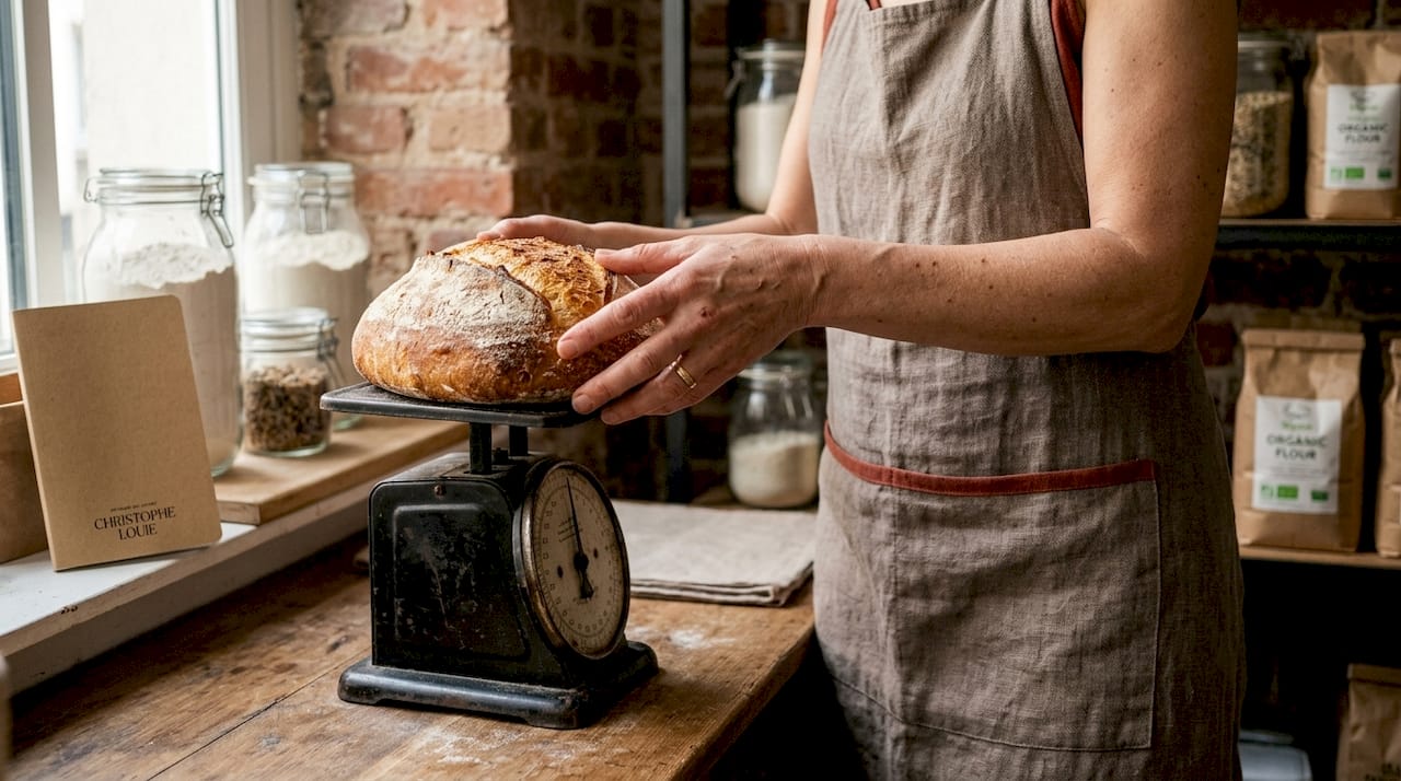 Des mains déposent un pain au levain sur une balance de cuisine.