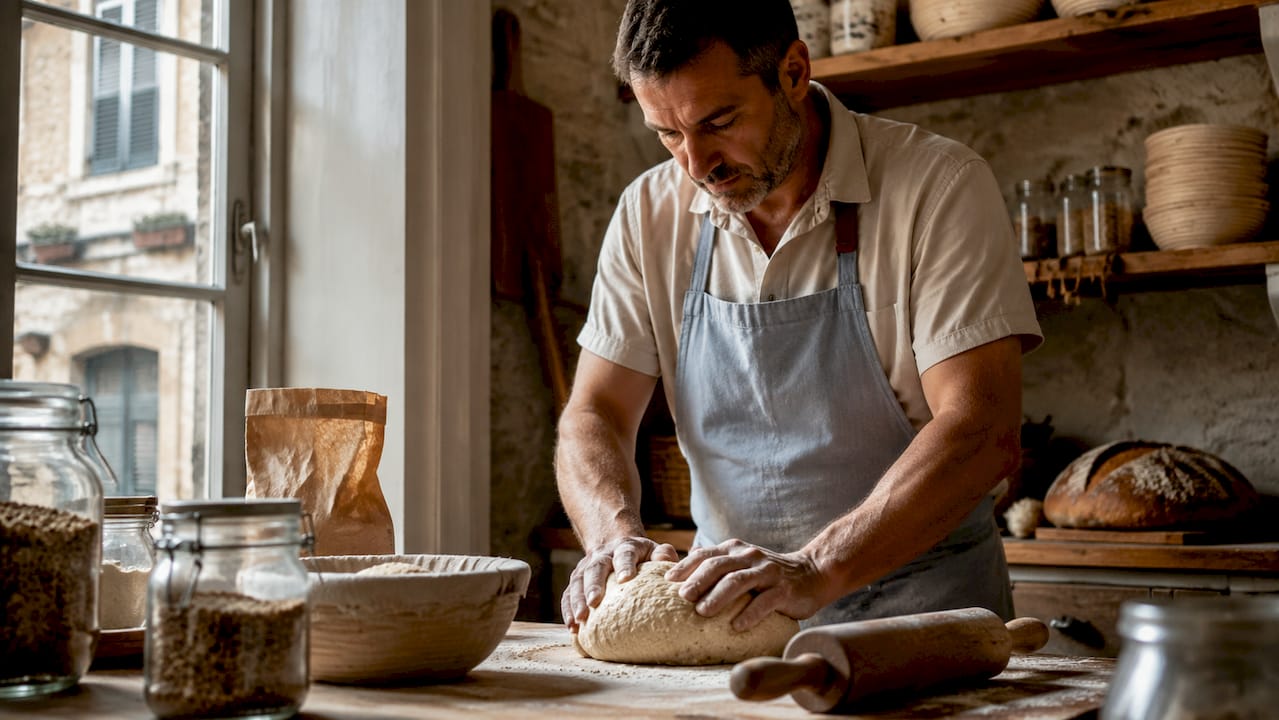 Un boulanger façonne sa pâte au levain sur le plan de travail, les mains plongées dans la farine.