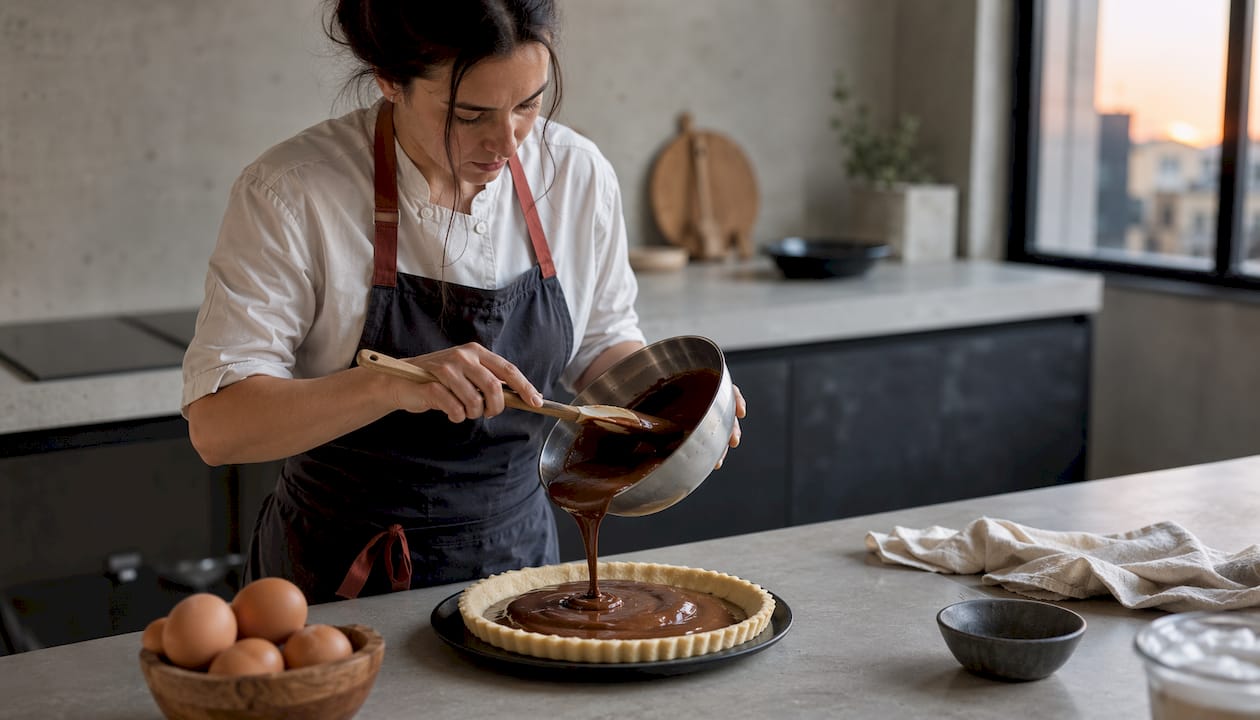 On verse délicatement une crème au chocolat onctueuse dans un fond de tarte prêt à être garni.
