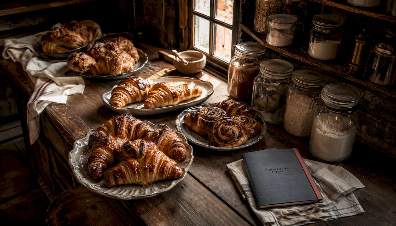 Ambiance chaleureuse d’une boulangerie de village, où de belles brioches artisanales trônent sur l’étagère.
