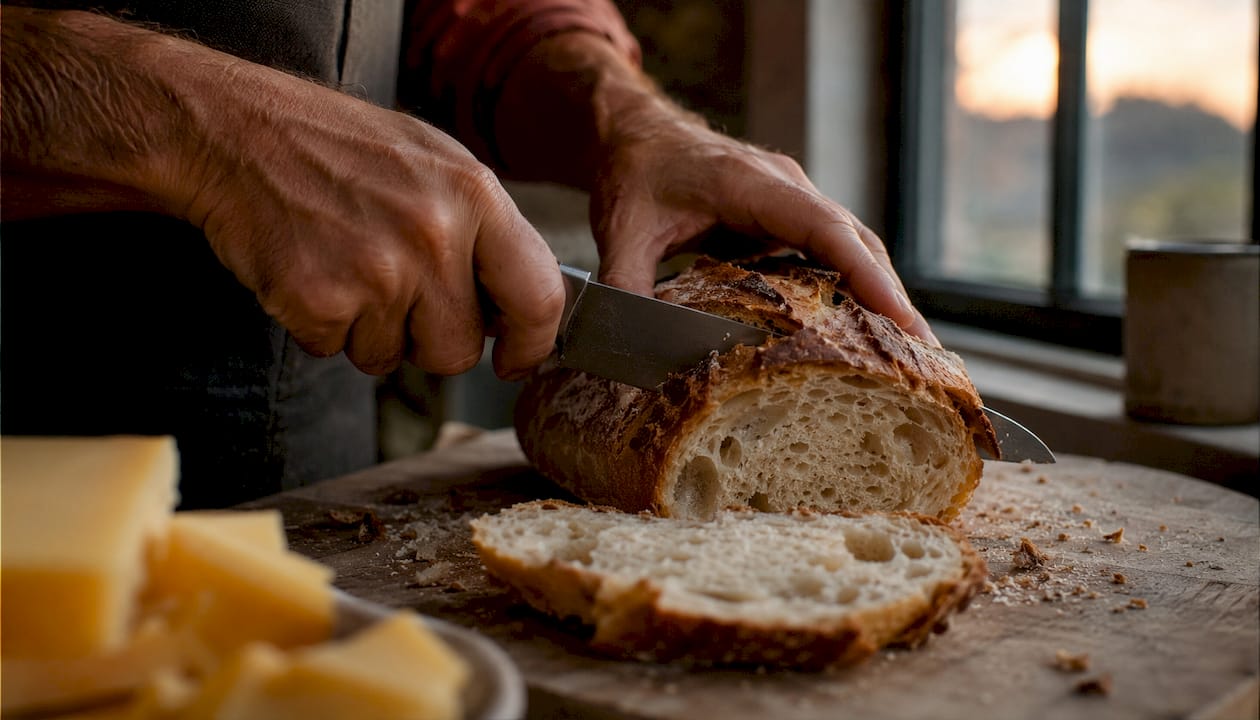 Des mains tranchent une miche de pain au levain à côté d’un morceau de Comté.