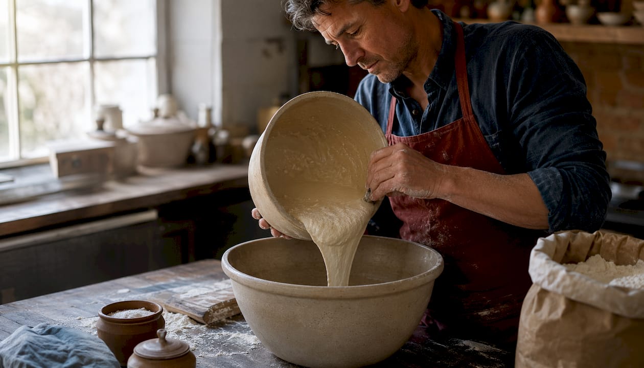 Des mains versent du levain maison dans un saladier en verre.