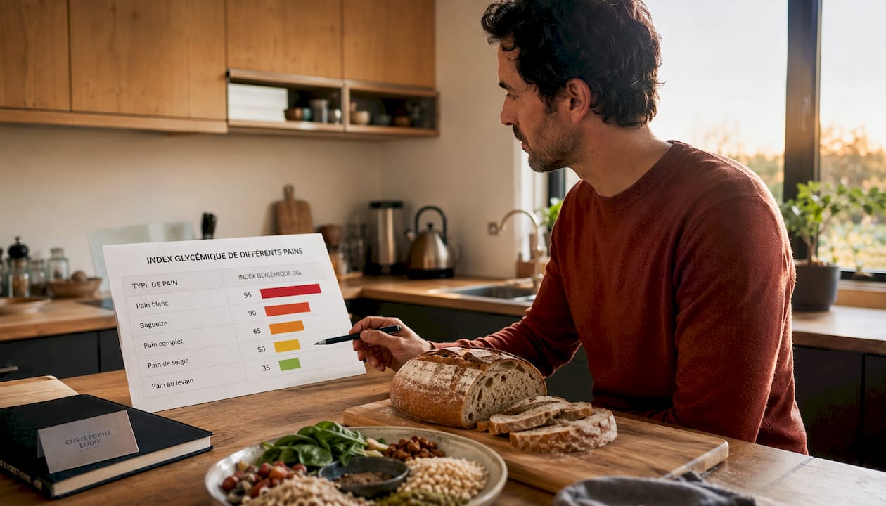 Des mains désignent un tableau de l’indice glycémique où figure le pain au levain.