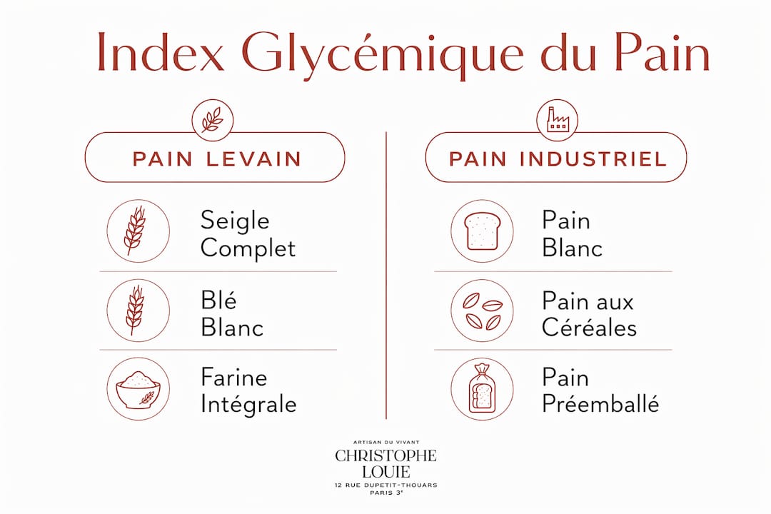 Infographie : comparaison de l’index glycémique du pain au levain et du pain industriel