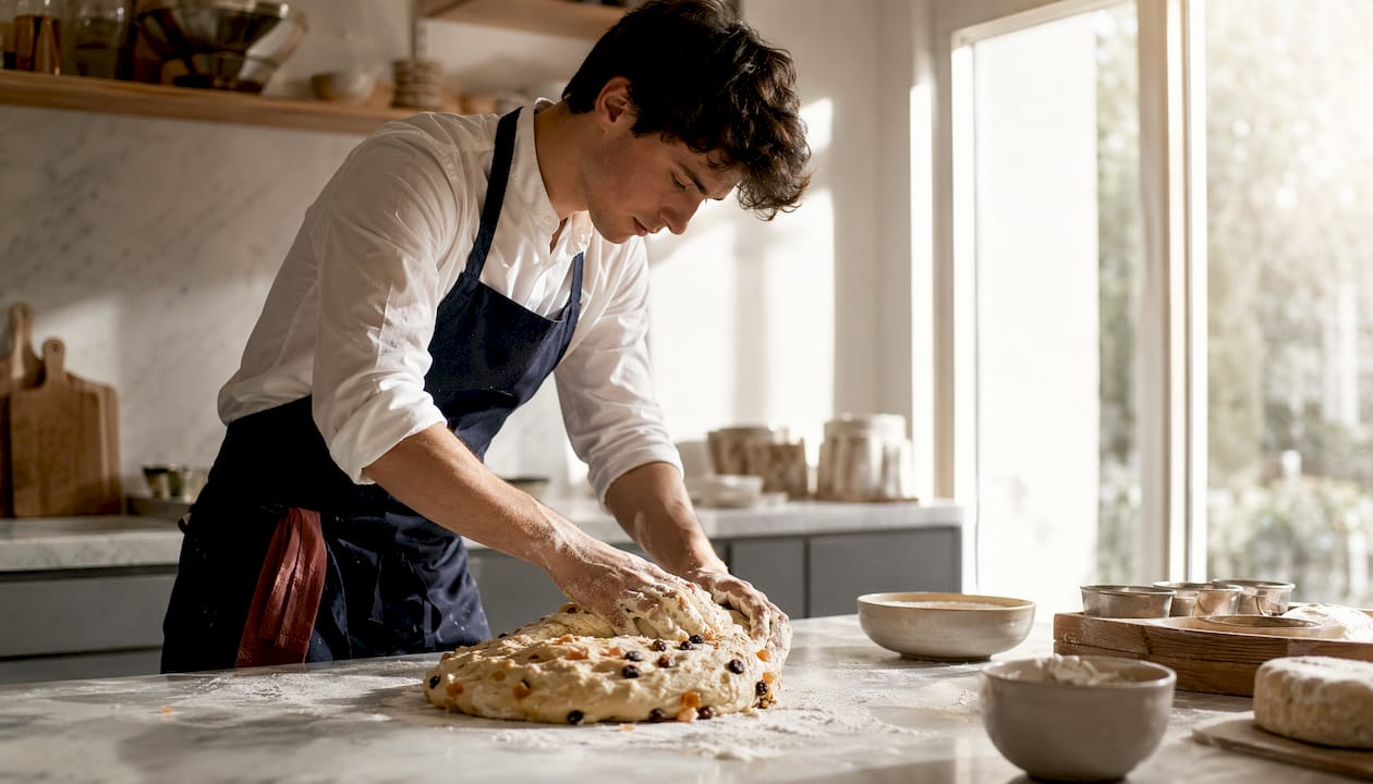 Gros plan sur un apprenti en pleine préparation de la pâte à panettone