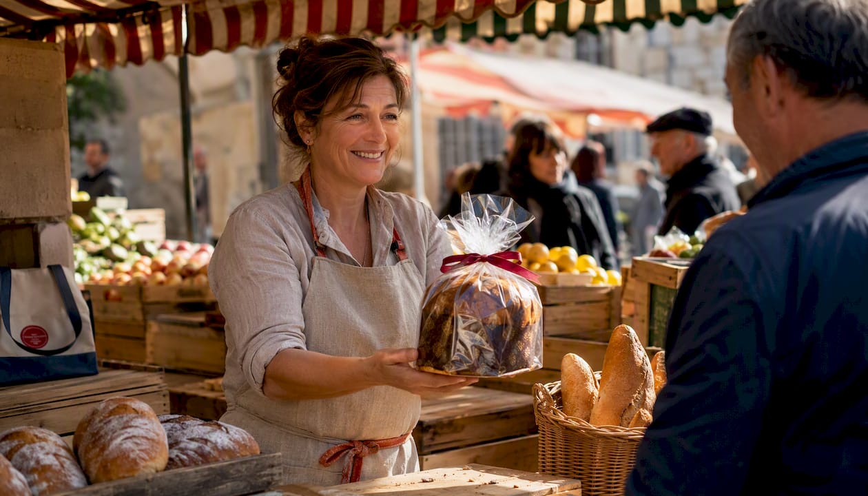 Un artisan propose ses panettones sur un stand lors d’un marché en plein air.