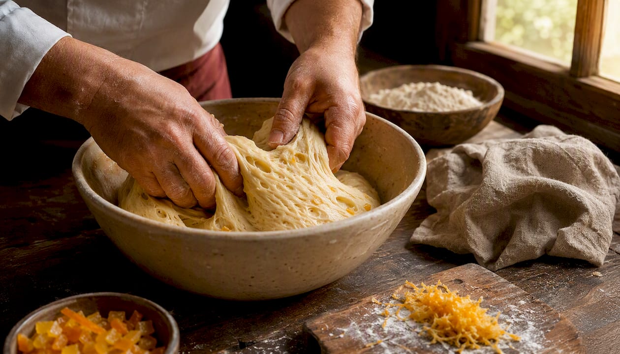 Des mains façonnent délicatement une pâte à panettone au levain naturel.