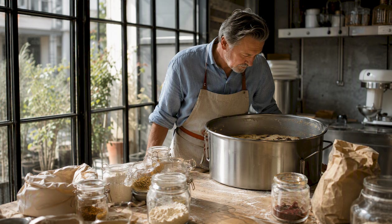 Un artisan boulanger surveille attentivement la fermentation de la pâte à panettone pour garantir une texture et un goût parfaits.