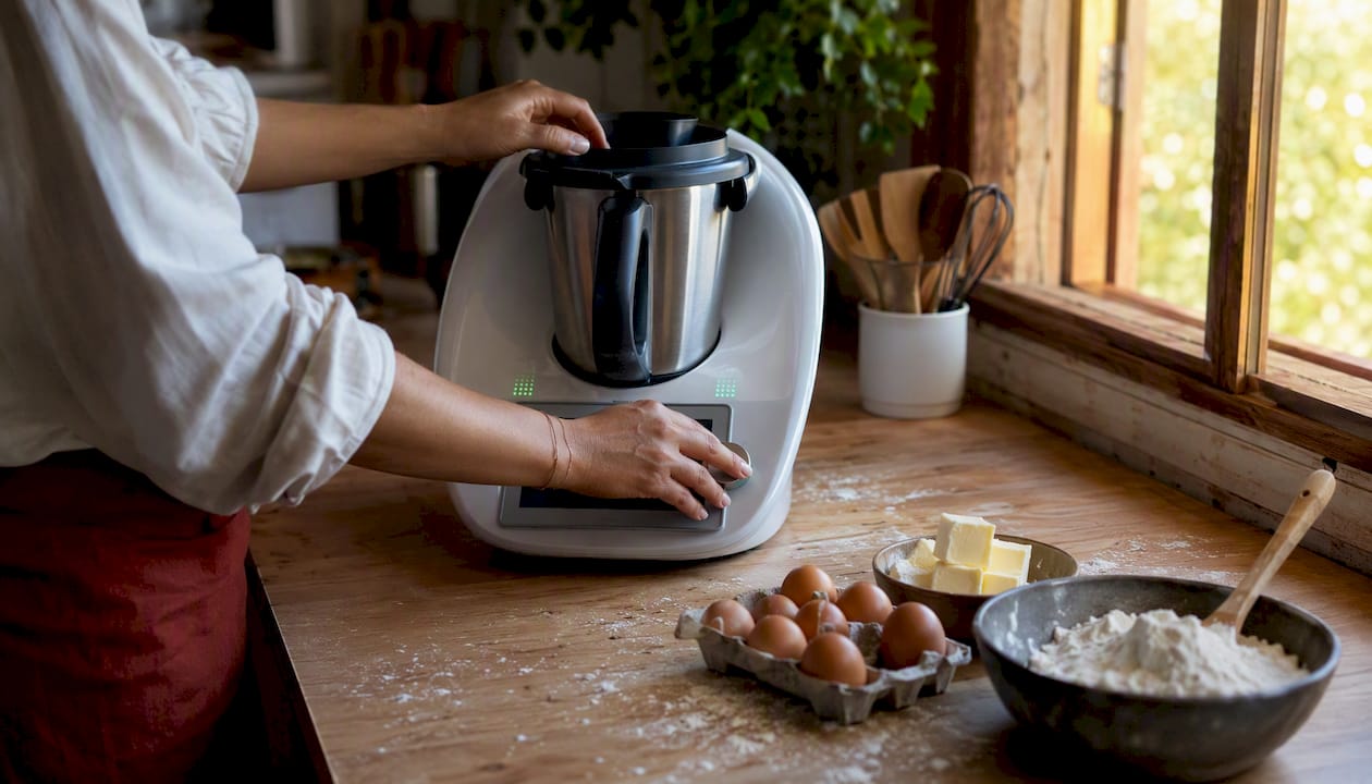 On voit des mains qui ajoutent des ingrédients dans le bol du Thermomix.