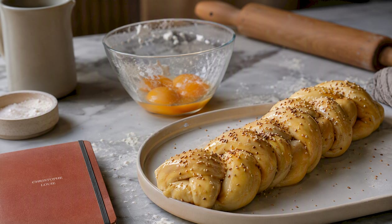 Brioche tressée parsemée de graines de sésame avant d’enfourner