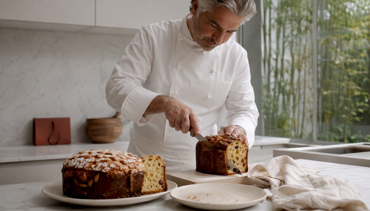 Assortiment de tranches de colomba et de panettone présenté sur un plateau