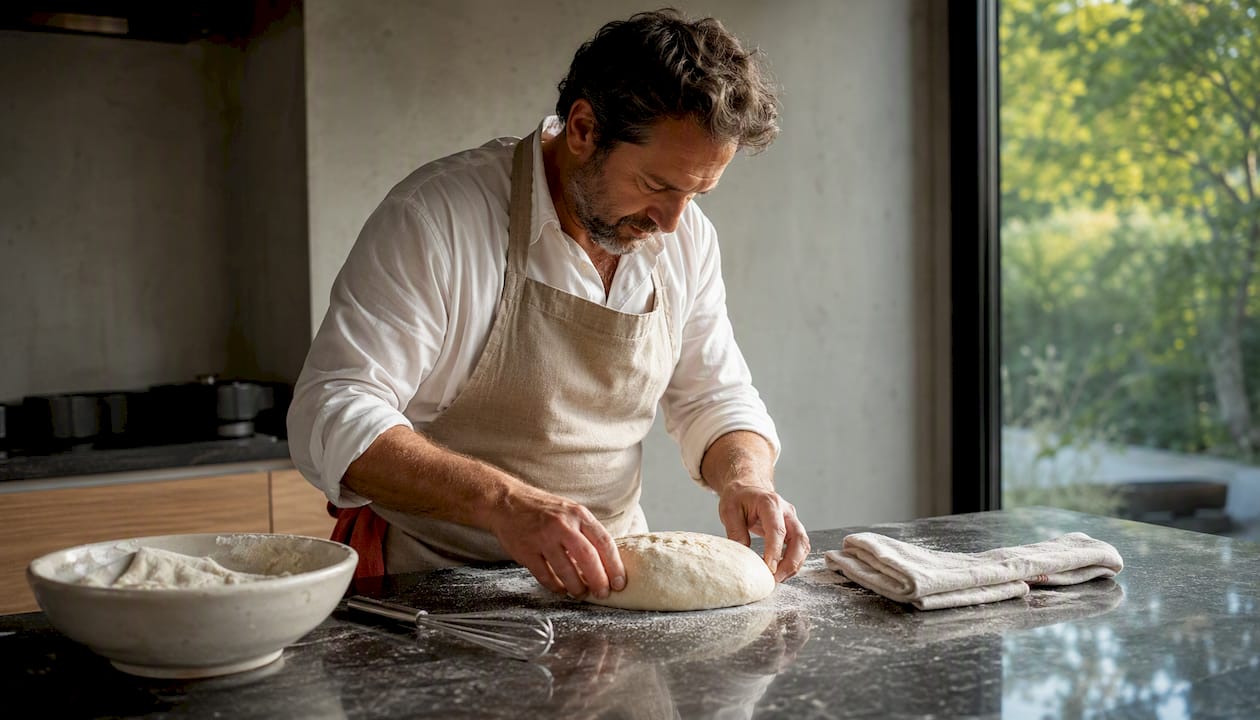 Un artisan boulanger travaille la pâte au levain, lui donnant sa forme et son caractère unique.