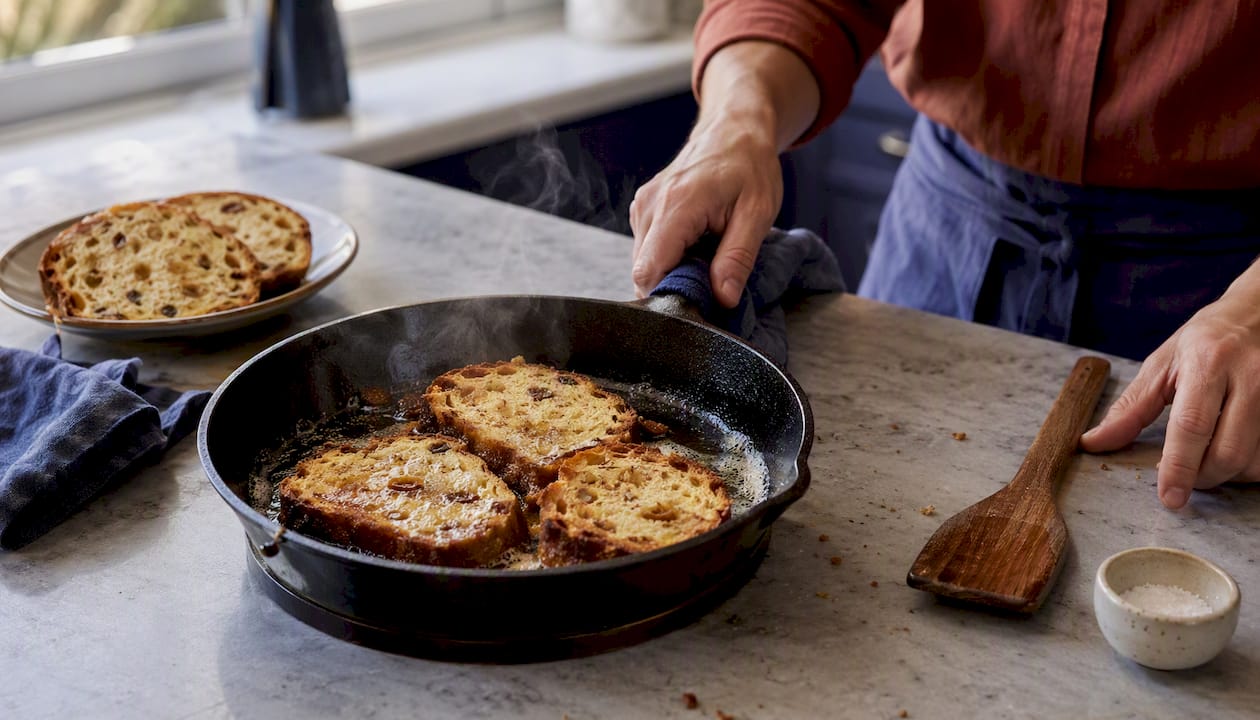 Des tranches de panettone dorent doucement dans une poêle avec un peu de beurre.