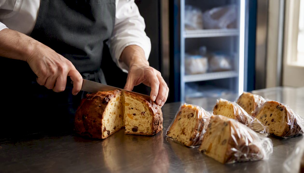 Le chef découpe le panettone en parts avant de les mettre au congélateur.