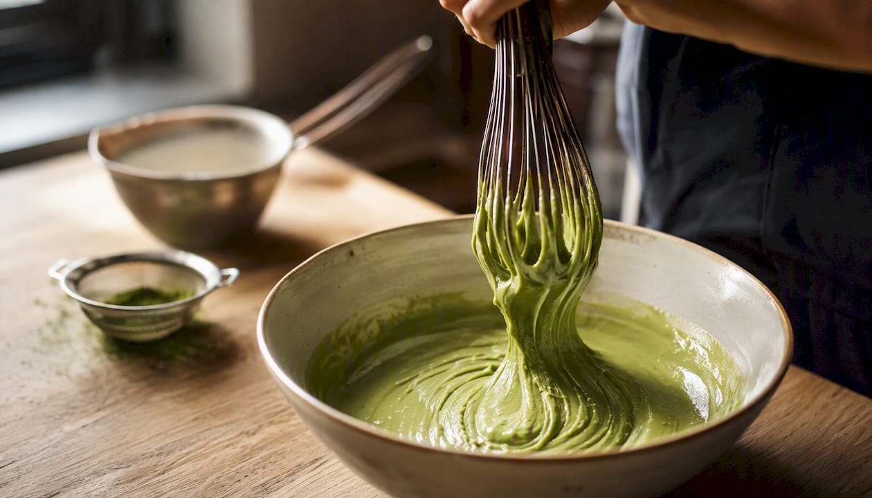 Fouettez la crème pâtissière au matcha dans un saladier jusqu’à obtenir une texture lisse et homogène.
