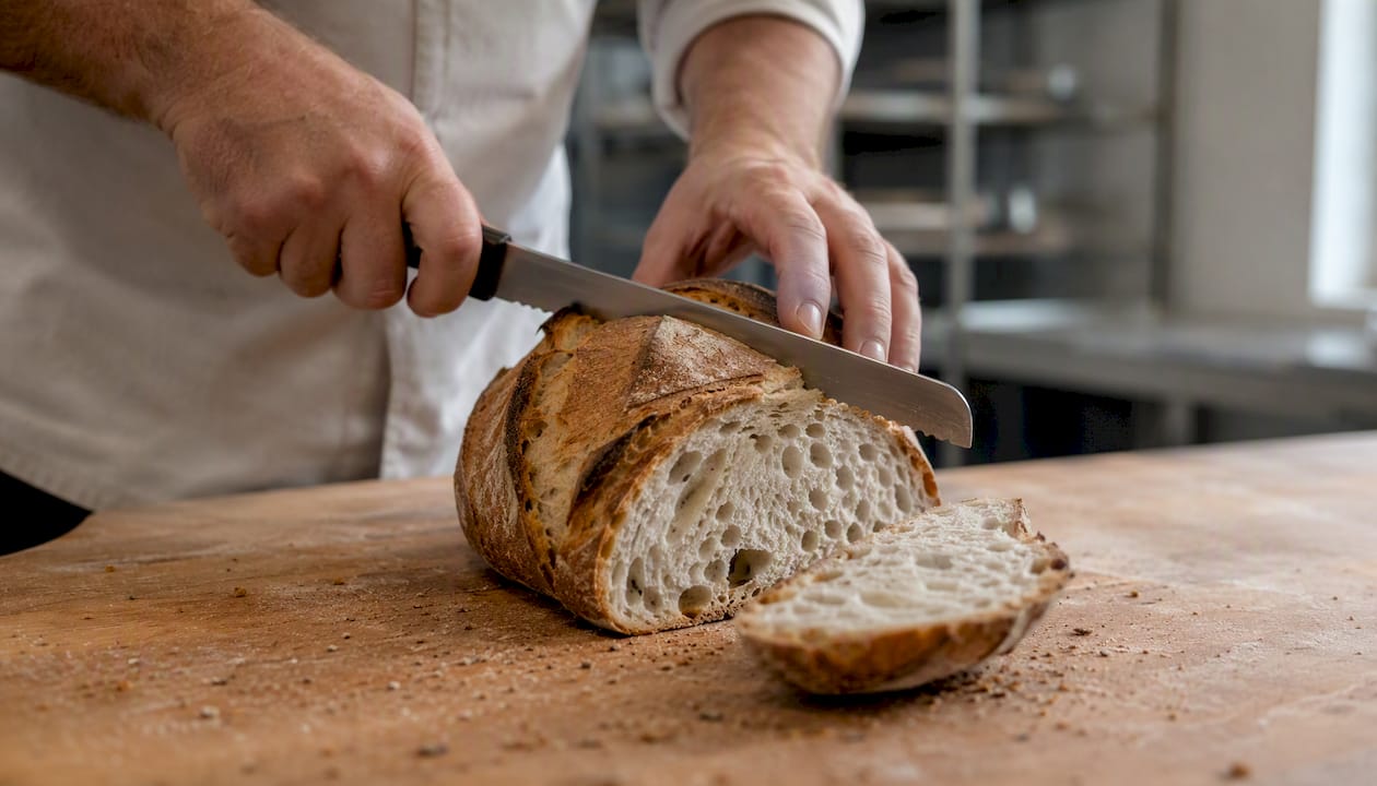 Dans les cuisines d’un hôtel, un chef découpe avec précision une belle miche de pain au levain.