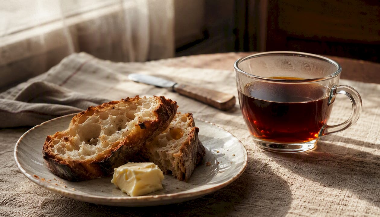 Tranches de pain au levain accompagnées d'une tasse de café filtre